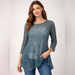 Lily Teal Crochet Lace Tunic Top – Size Medium